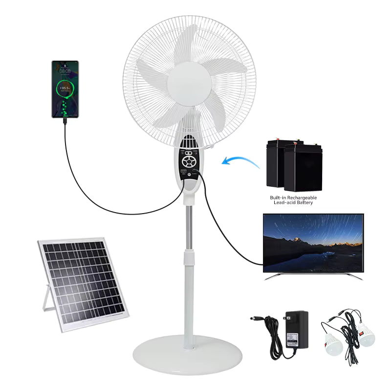 Ventilador Solar Recargable con Control Remoto, Luz LED, USB y 9 Velocidades - 16” de Diámetro