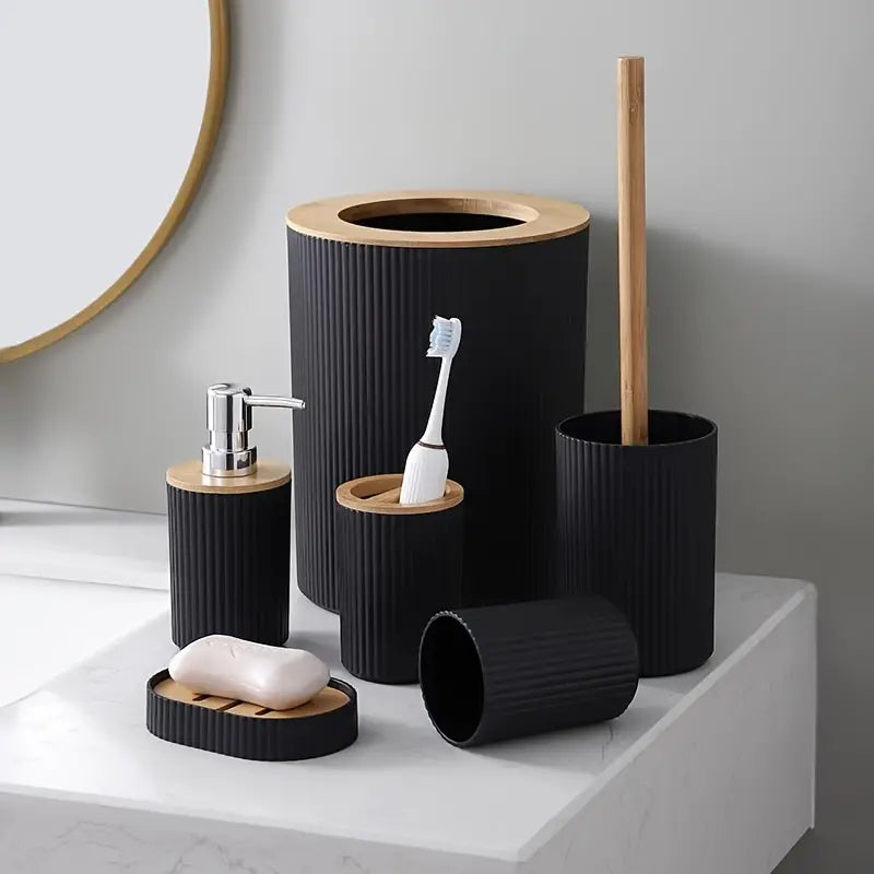 Juego de Baño Moderno de 6 Piezas con Detalles en Bambú | Diseño Elegante y Funcional