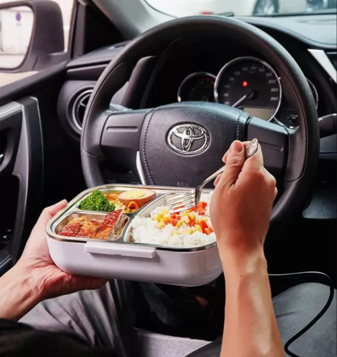 Lonchera Eléctrica Portátil para Carro y Oficina – Calienta Comida con Estuche y Compartimentos de Acero Inoxidable