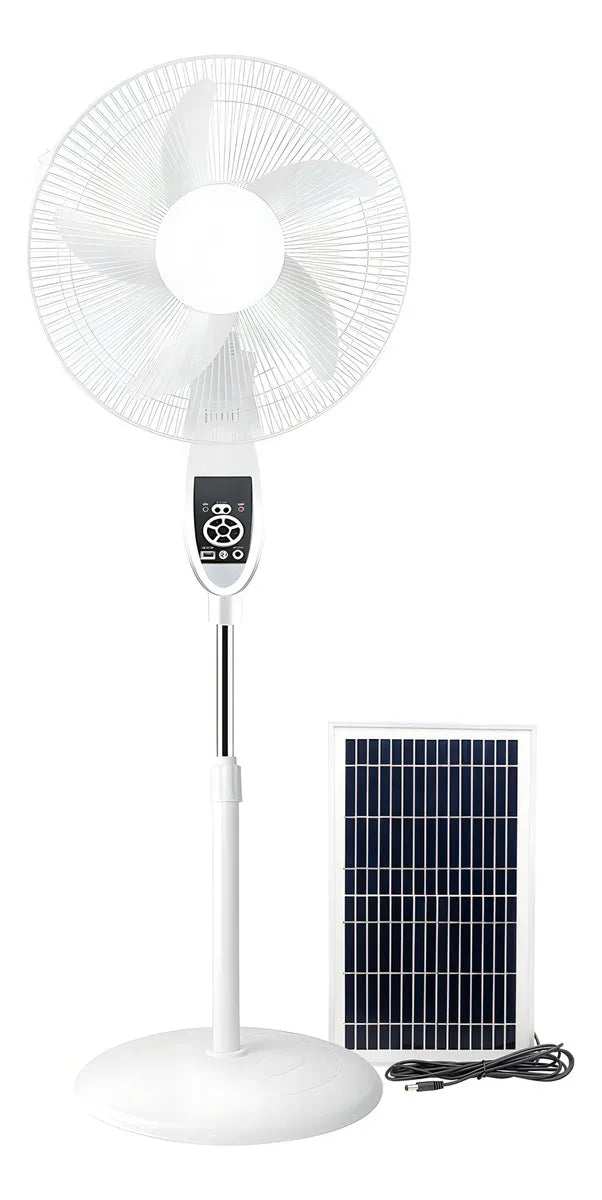 Ventilador Solar Recargable con Control Remoto, Luz LED, USB y 9 Velocidades - 16” de Diámetro