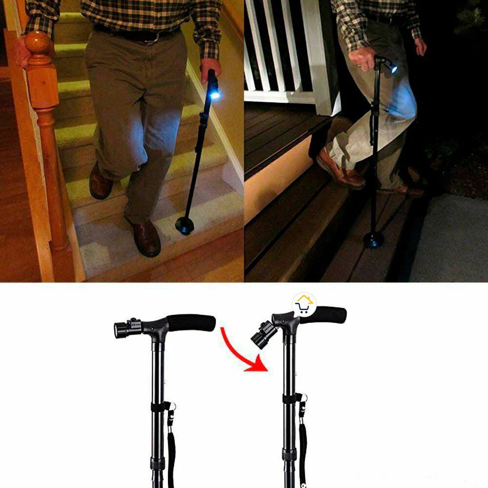 Bastón Plegable Ajustable con Luz LED y Base Estable