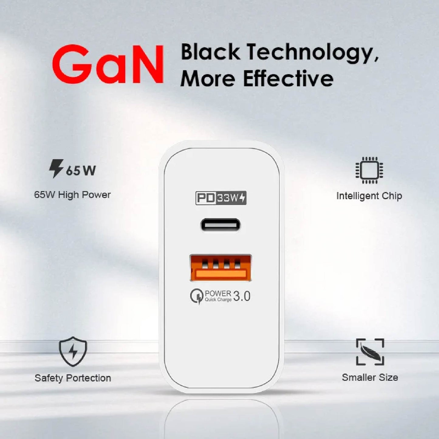 Cargador de Pared 65W con Carga Rápida PD y QC 5.0 con Cable Tipo C – Tecnología GaN
