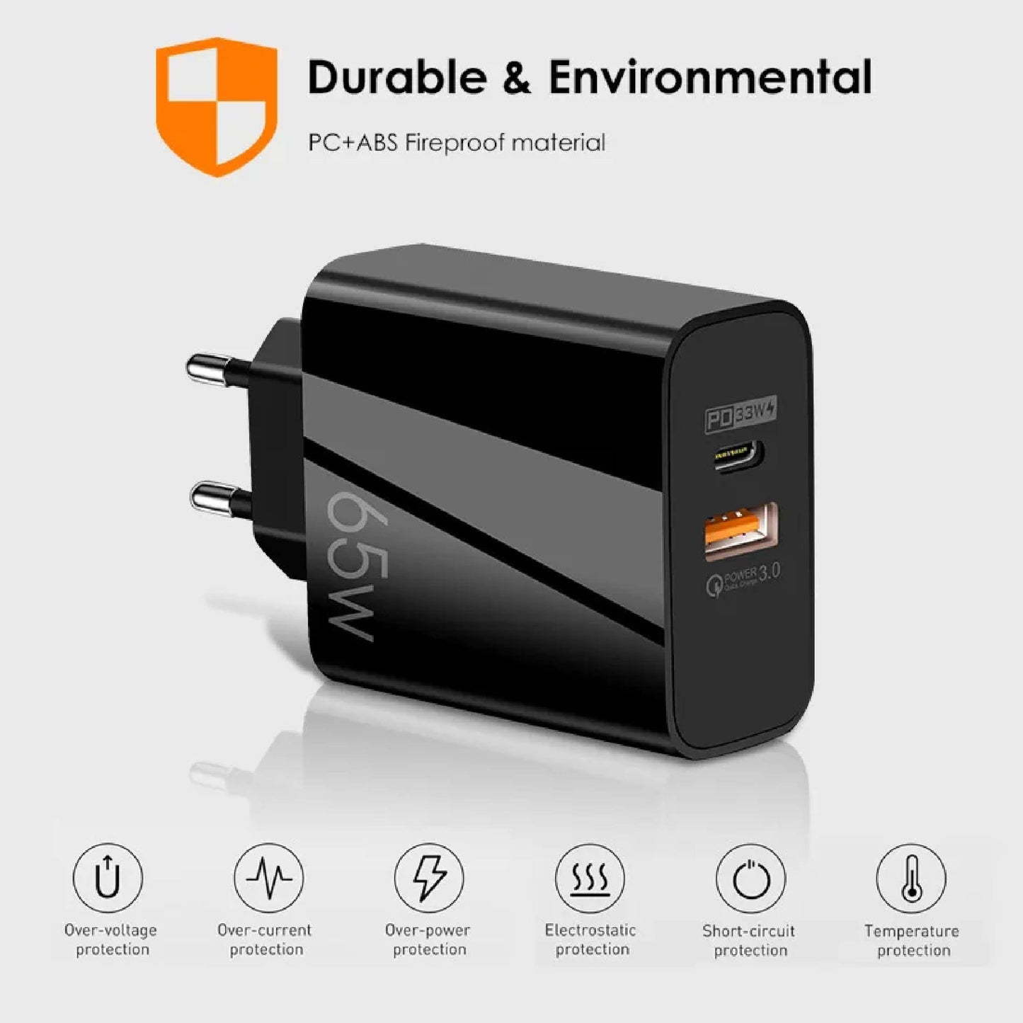 Cargador de Pared 65W con Carga Rápida PD y QC 5.0 con Cable Tipo C – Tecnología GaN
