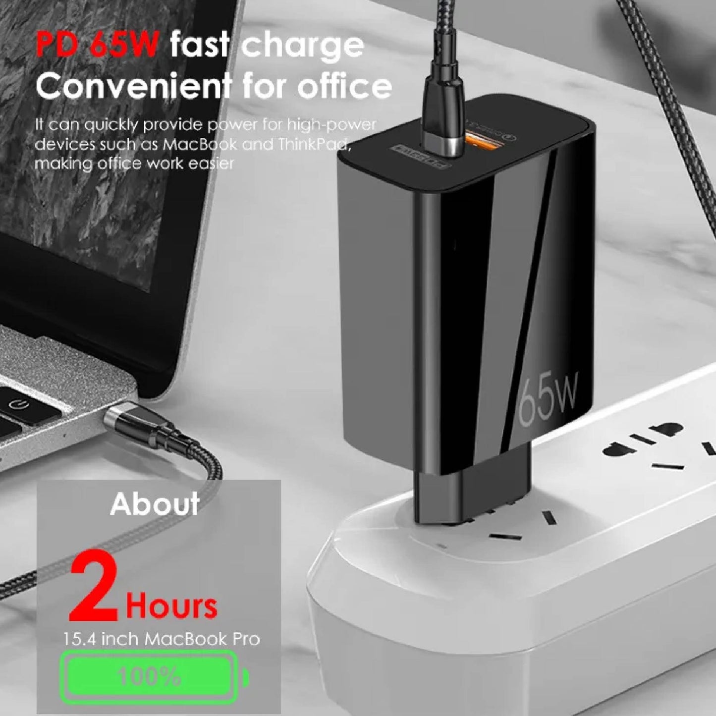 Cargador de Pared 65W con Carga Rápida PD y QC 5.0 con Cable Tipo C – Tecnología GaN