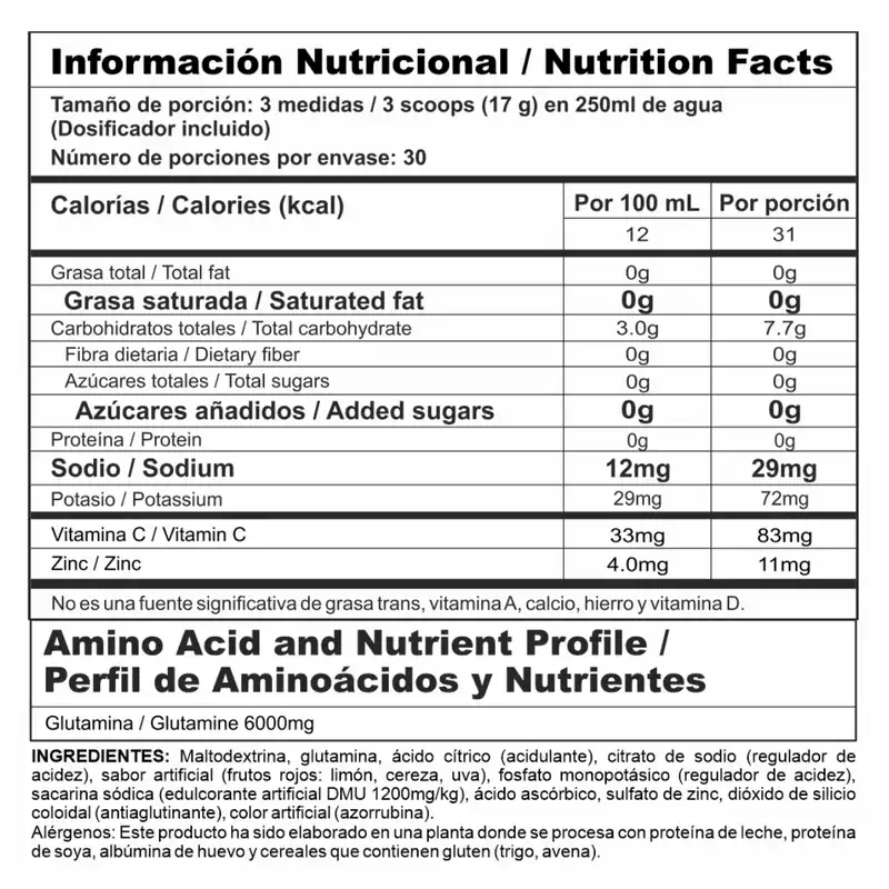 Gluta Stack – Glutamina en Polvo 6000 mg + Zinc | Sabor Frutos Rojos | Sin Azúcar | 60 Servicios