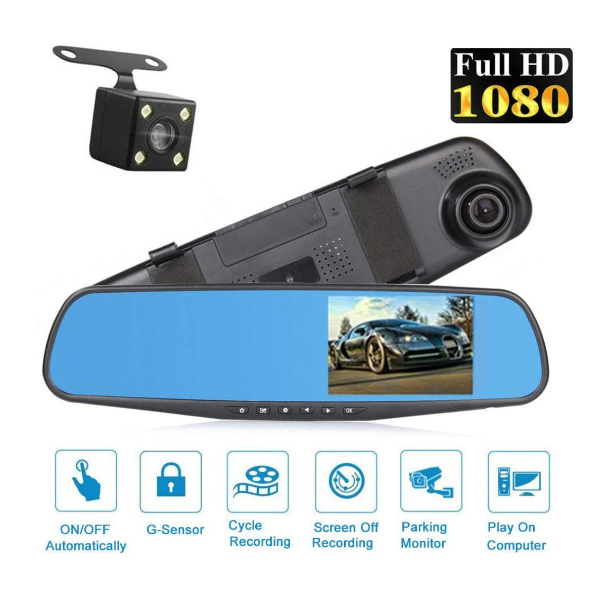 Espejo Retrovisor con Doble Cámara Full HD 4.3" | Visión Nocturna, Sensor de Movimiento y Cámara de Reversa
