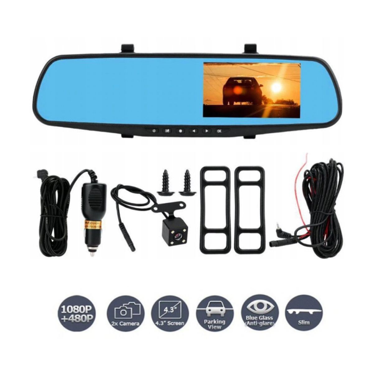 Espejo Retrovisor con Doble Cámara Full HD 4.3" | Visión Nocturna, Sensor de Movimiento y Cámara de Reversa