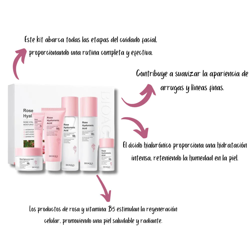 Kit Facial Rejuvenecedor con Rosa y Ácido Hialurónico – Hidratación y Antiedad