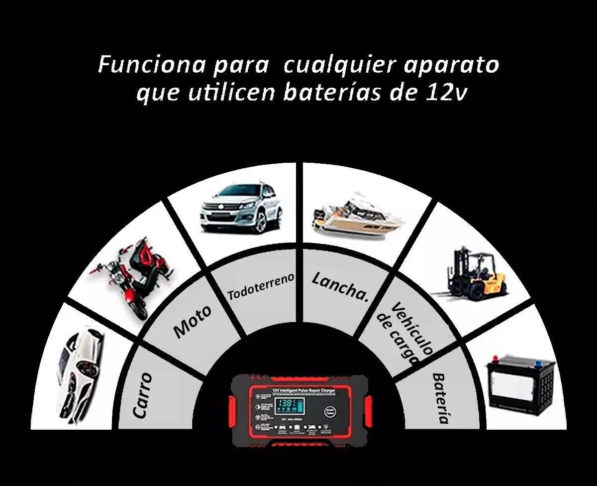 Cargador Inteligente 12V para Baterías de Carro y Moto con Pantalla Digital