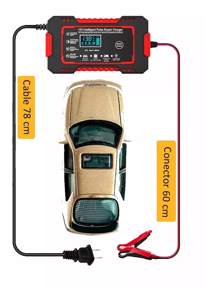 Cargador Inteligente 12V para Baterías de Carro y Moto con Pantalla Digital