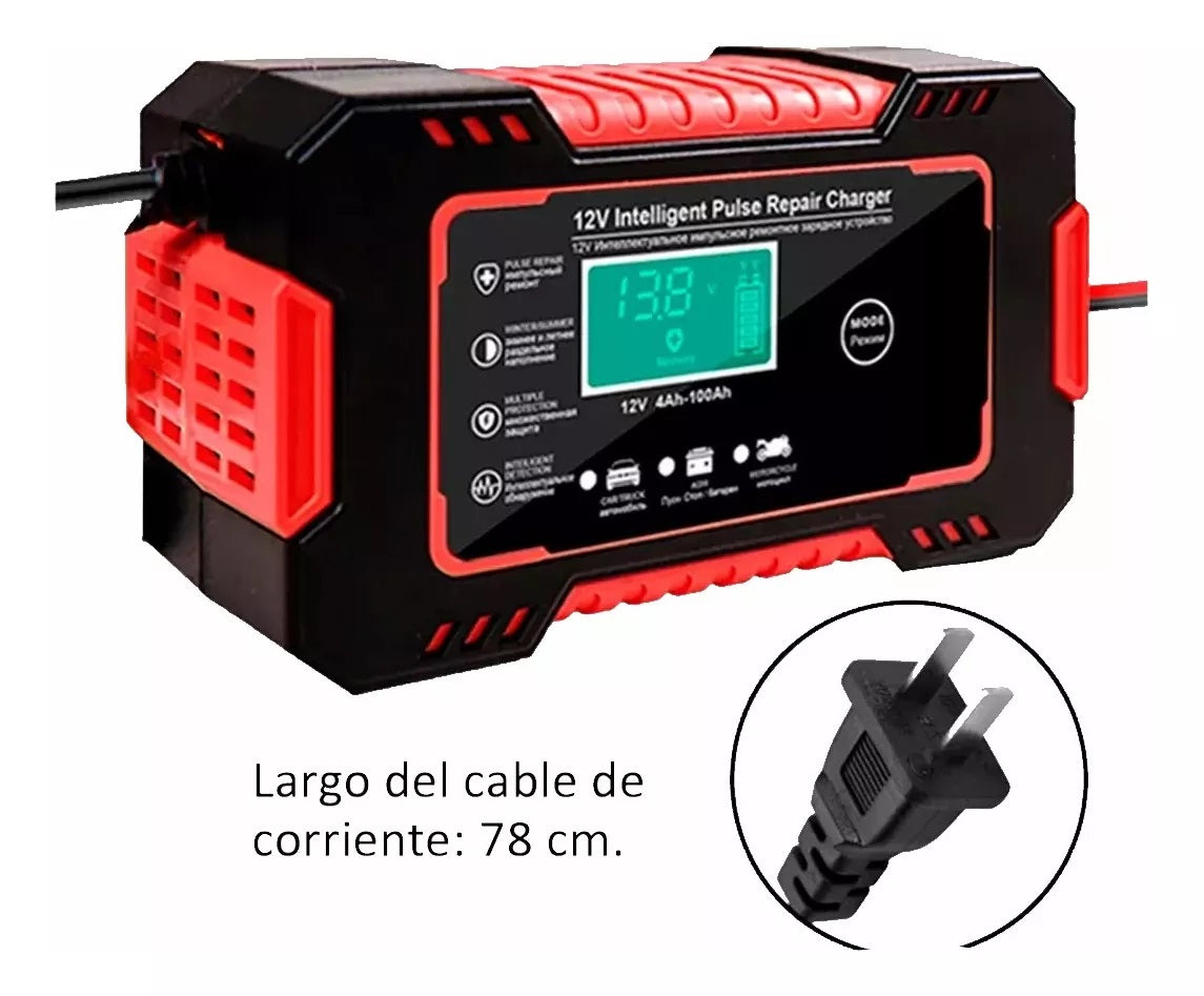 Cargador Inteligente 12V para Baterías de Carro y Moto con Pantalla Digital