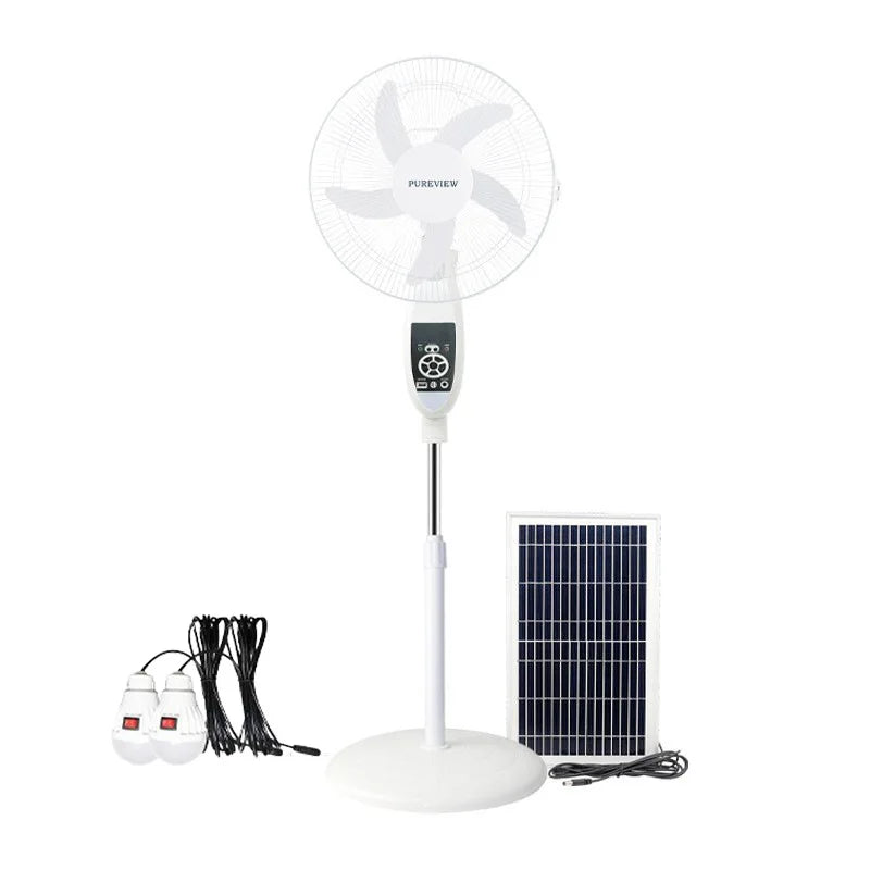 Ventilador Solar Recargable con Control Remoto, Luz LED, USB y 9 Velocidades - 16” de Diámetro