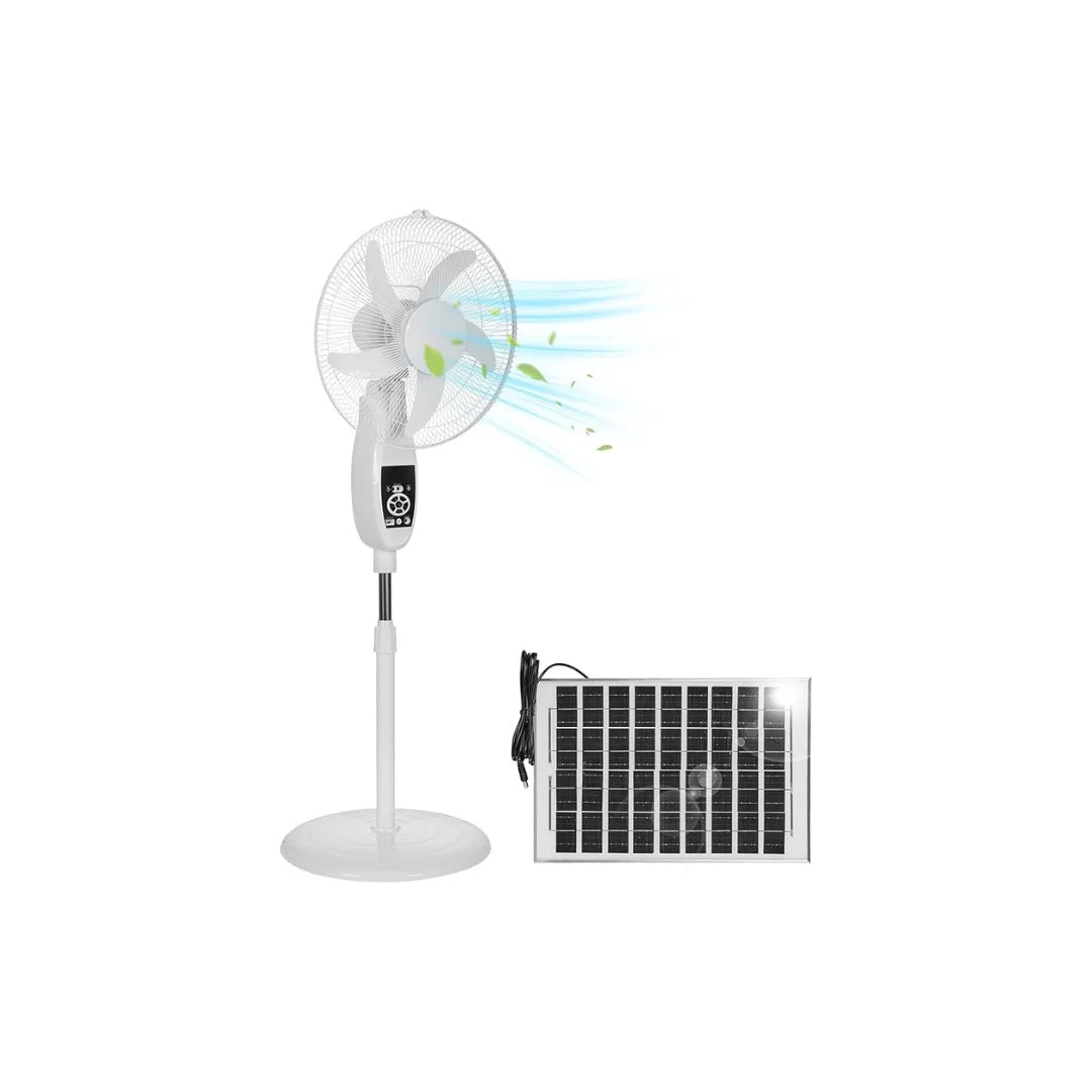 Ventilador Solar Recargable con Control Remoto, Luz LED, USB y 9 Velocidades - 16” de Diámetro