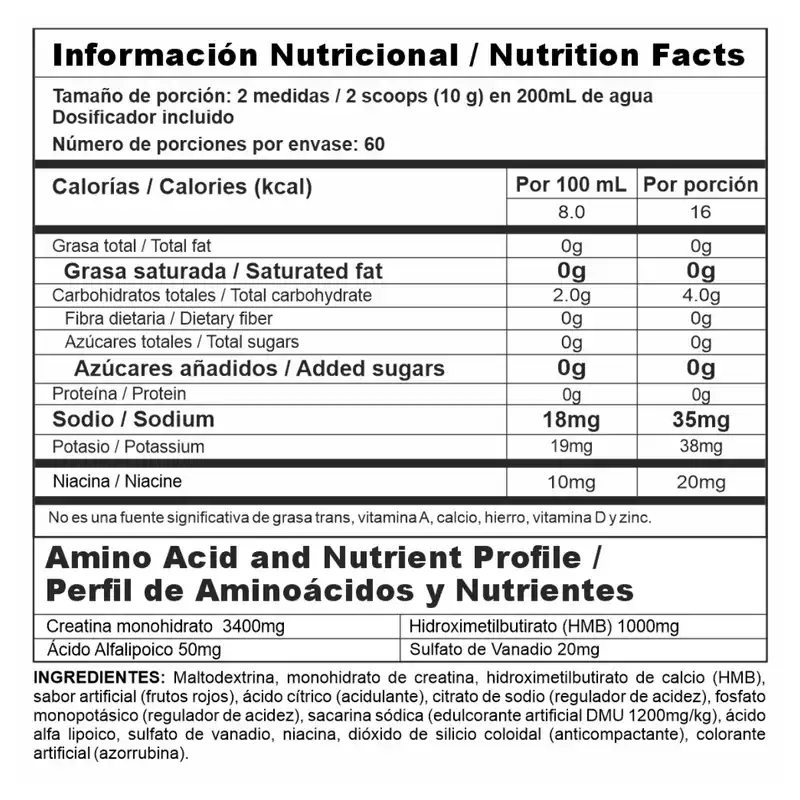 Crea Stack – Creatina Monohidrato Avanzada con HMB, Ácido Alfa Lipoico y Sulfato de Vanadio | Sabor Frutos Rojos | 1.3 lb