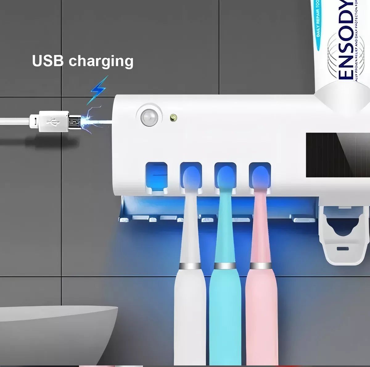 Dispensador Automático de Crema Dental con Soporte Esterilizador UV para Cepillos de Dientes