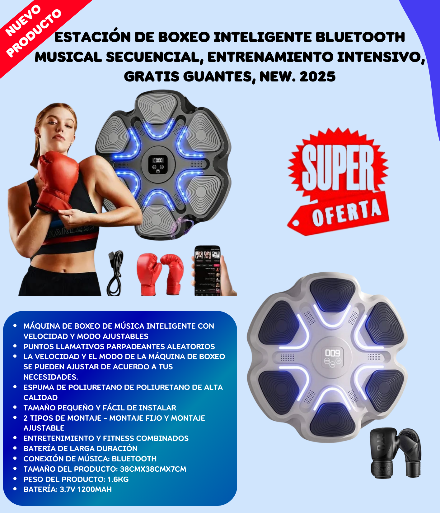 Estación de Boxeo Inteligente Bluetooth con Guantes – Musical, Montaje en Pared