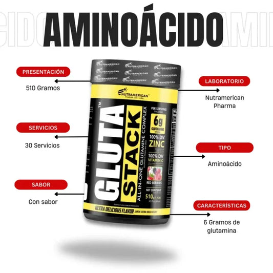 Gluta Stack – Glutamina en Polvo 6000 mg + Zinc | Sabor Frutos Rojos | Sin Azúcar | 60 Servicios