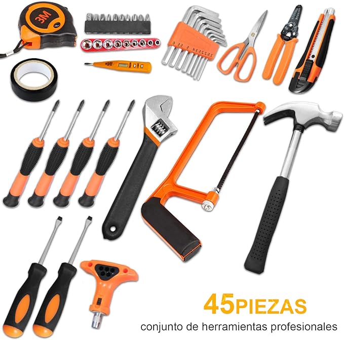 Kit de Herramientas Manuales 45 Piezas con Estuche Profesional – Uso Doméstico y Taller
