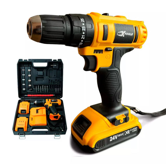 Taladro Eléctrico Inalámbrico 3/8" 24V con Maletín, 2 Baterías y 27 Accesorios