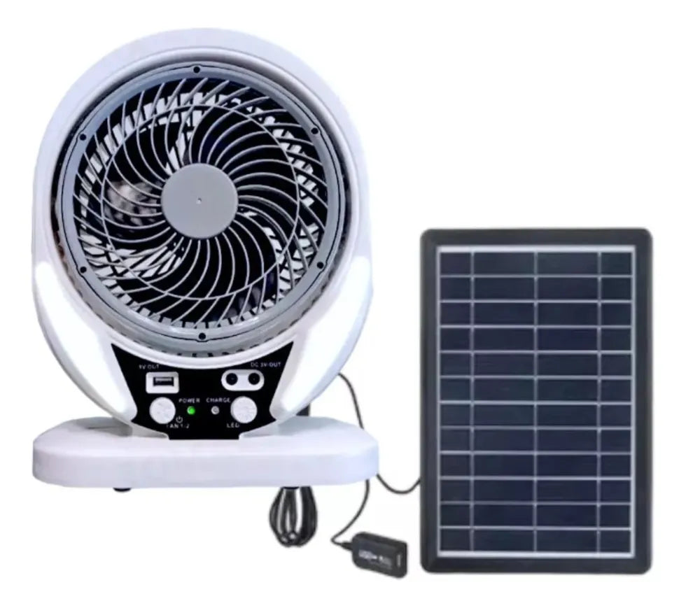 Ventilador Solar Recargable  – Batería de Litio 5800mAh, Puerto USB, Luz LED y Placa Solar de 6W