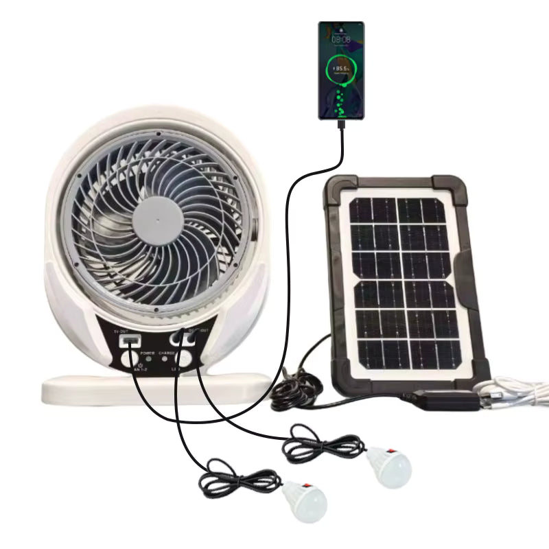 Ventilador Solar Recargable  – Batería de Litio 5800mAh, Puerto USB, Luz LED y Placa Solar de 6W