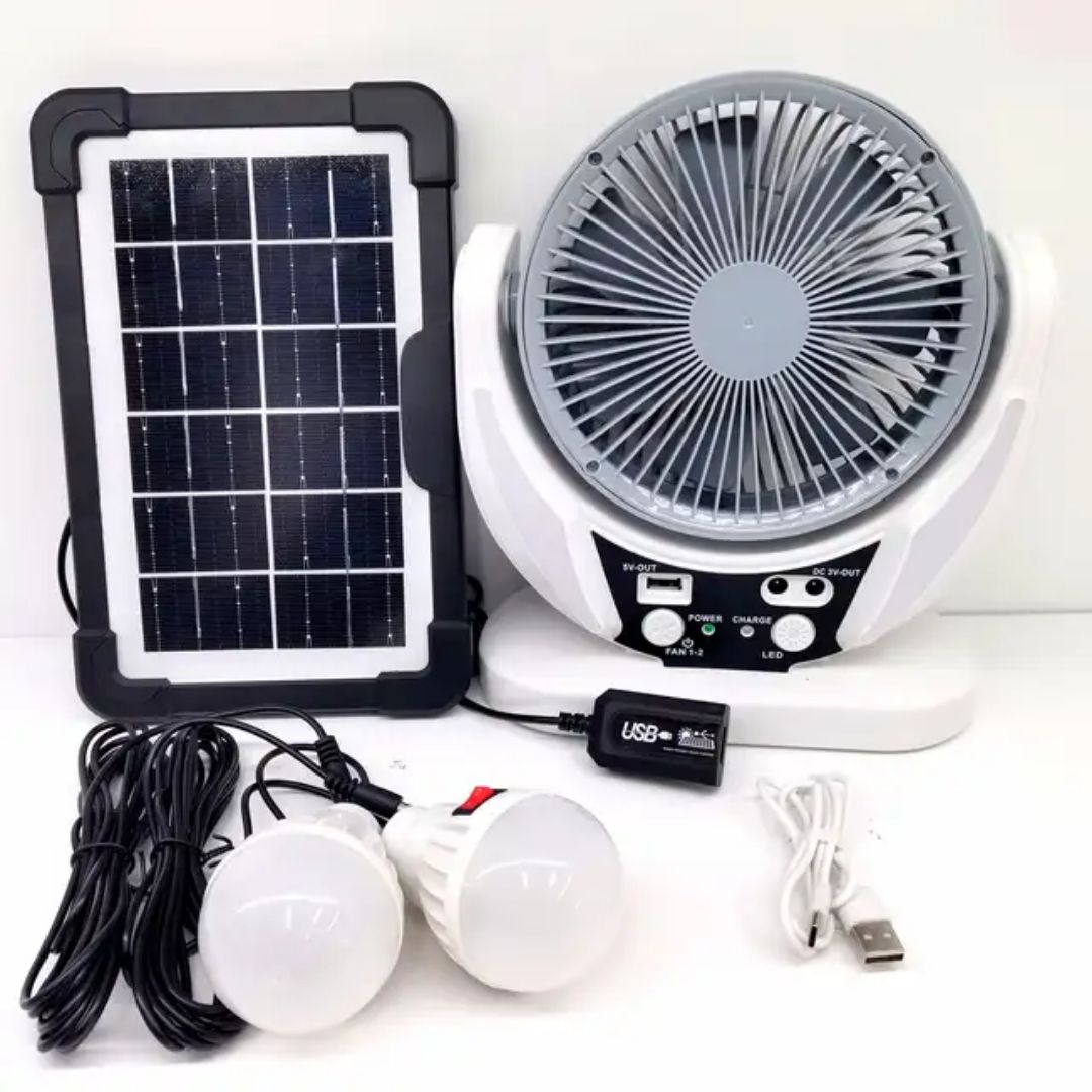Ventilador Solar Recargable  – Batería de Litio 5800mAh, Puerto USB, Luz LED y Placa Solar de 6W
